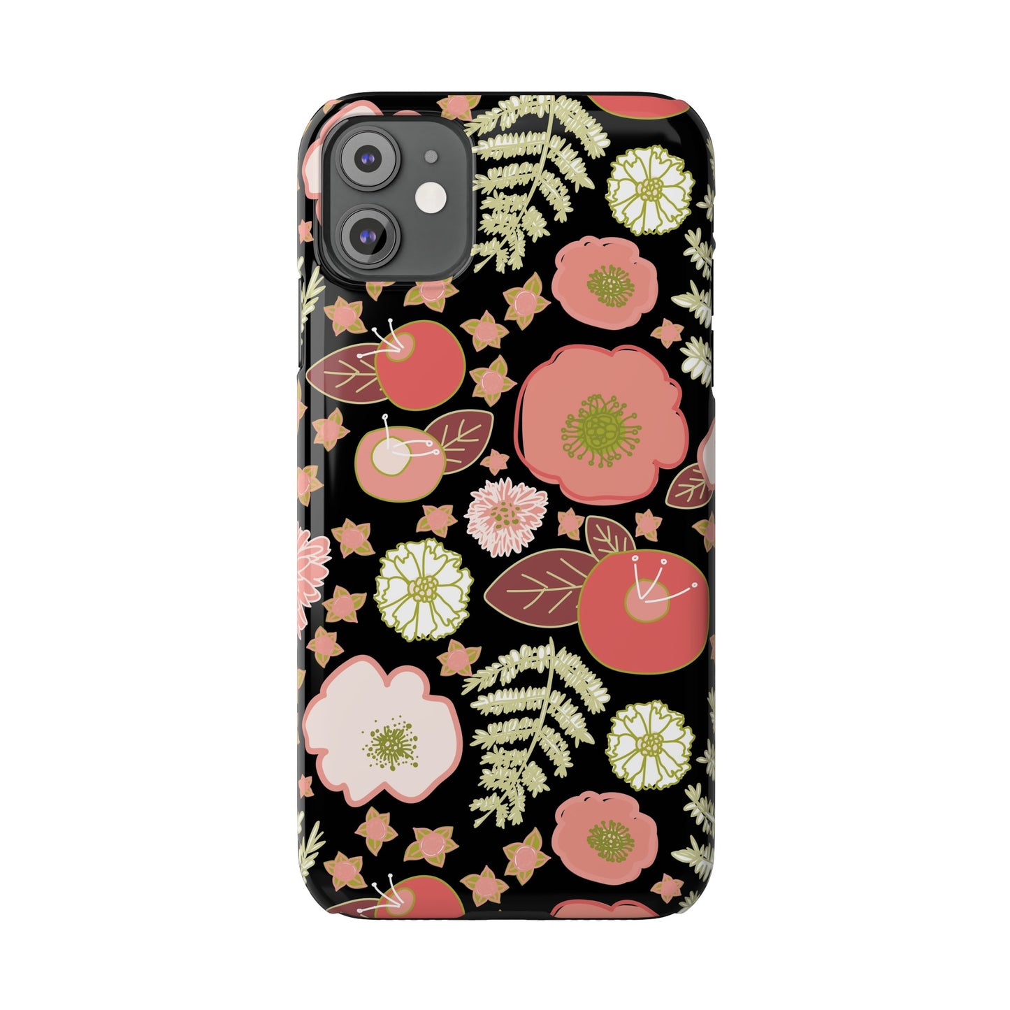 Coral Flowers on Black Slim Phone Cases