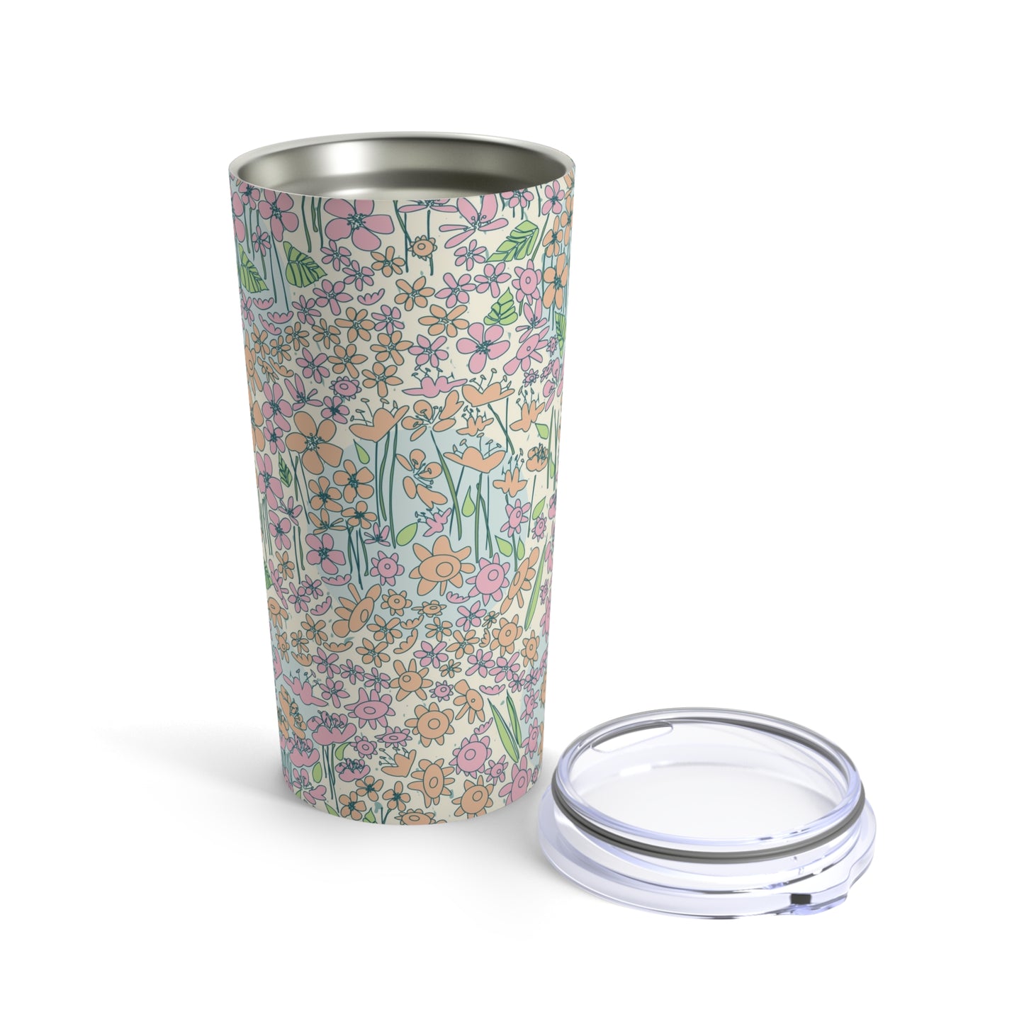 Orange and Pink Flowers on Blue Dot Tumbler 20oz