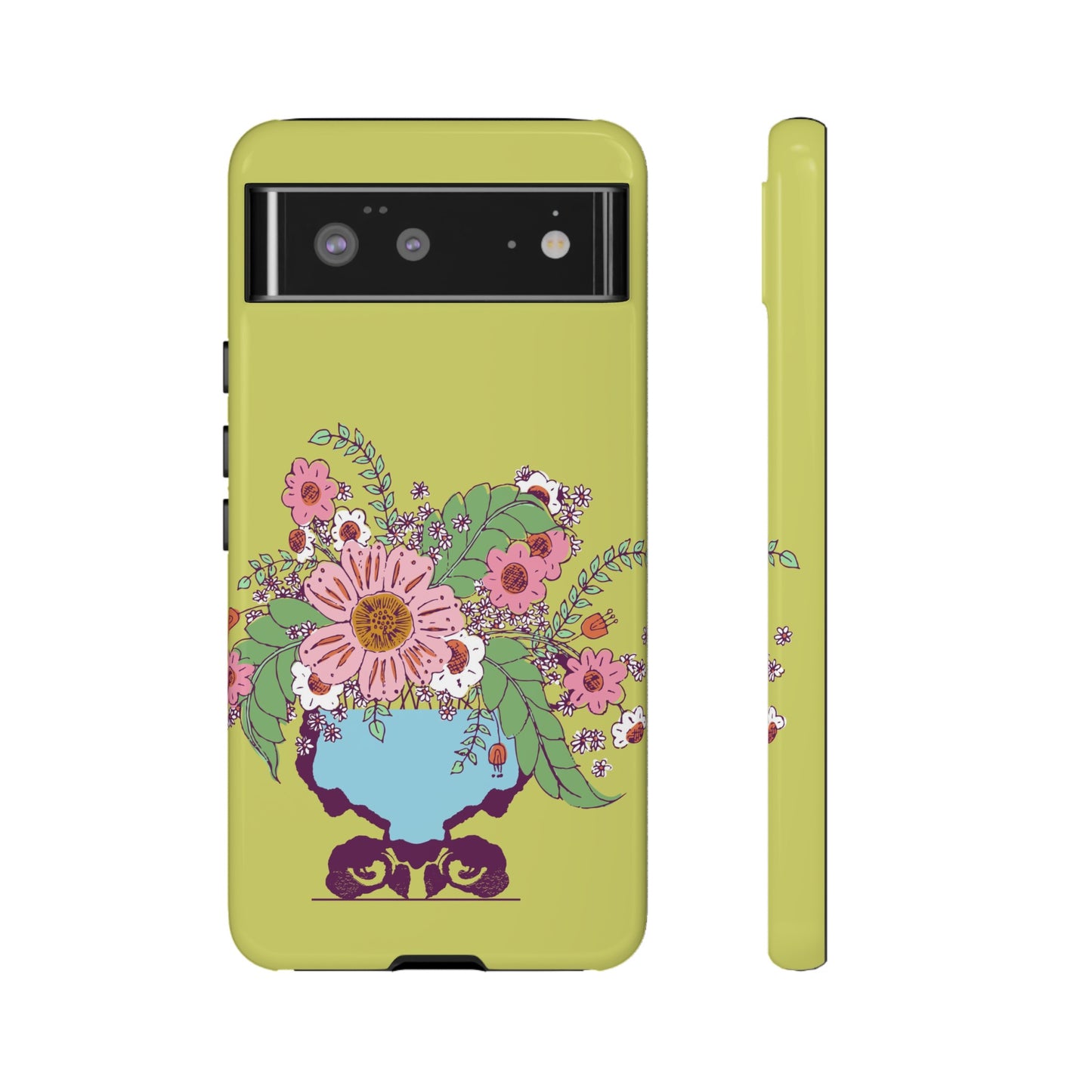 Cheerful Watercolor Flowers in Vase on Bright Green Tough Cases for Google Pixel