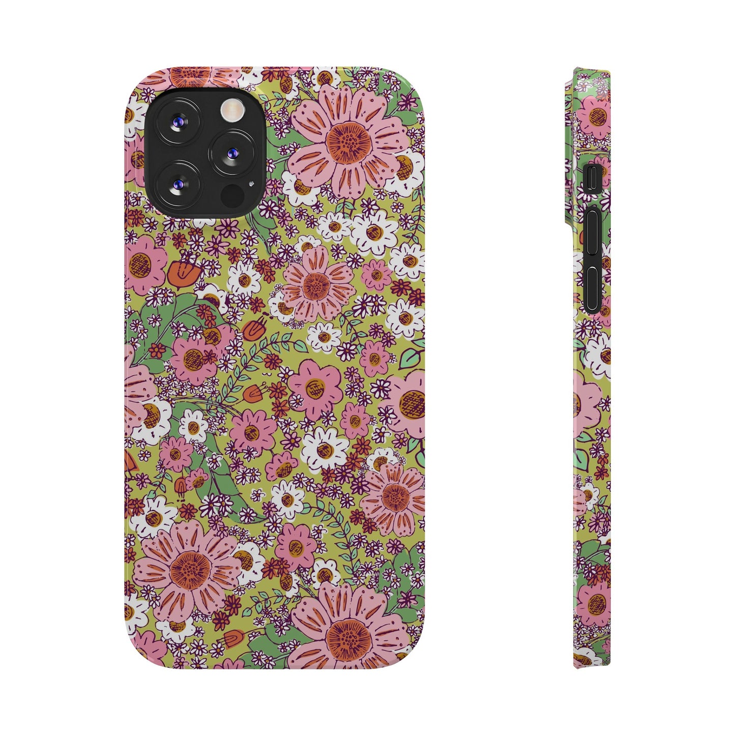 Cheerful Watercolor Flowers on Bright Green Slim Phone Cases