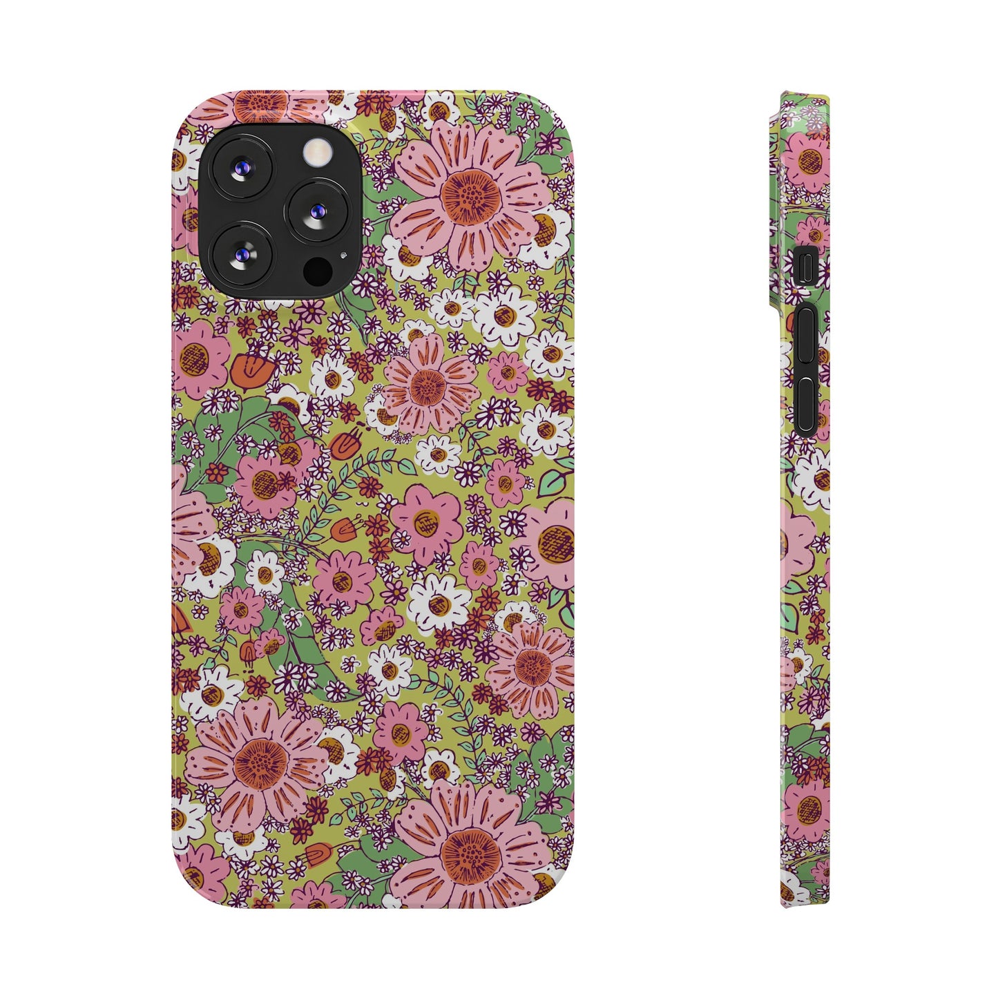 Cheerful Watercolor Flowers on Bright Green Slim Phone Cases