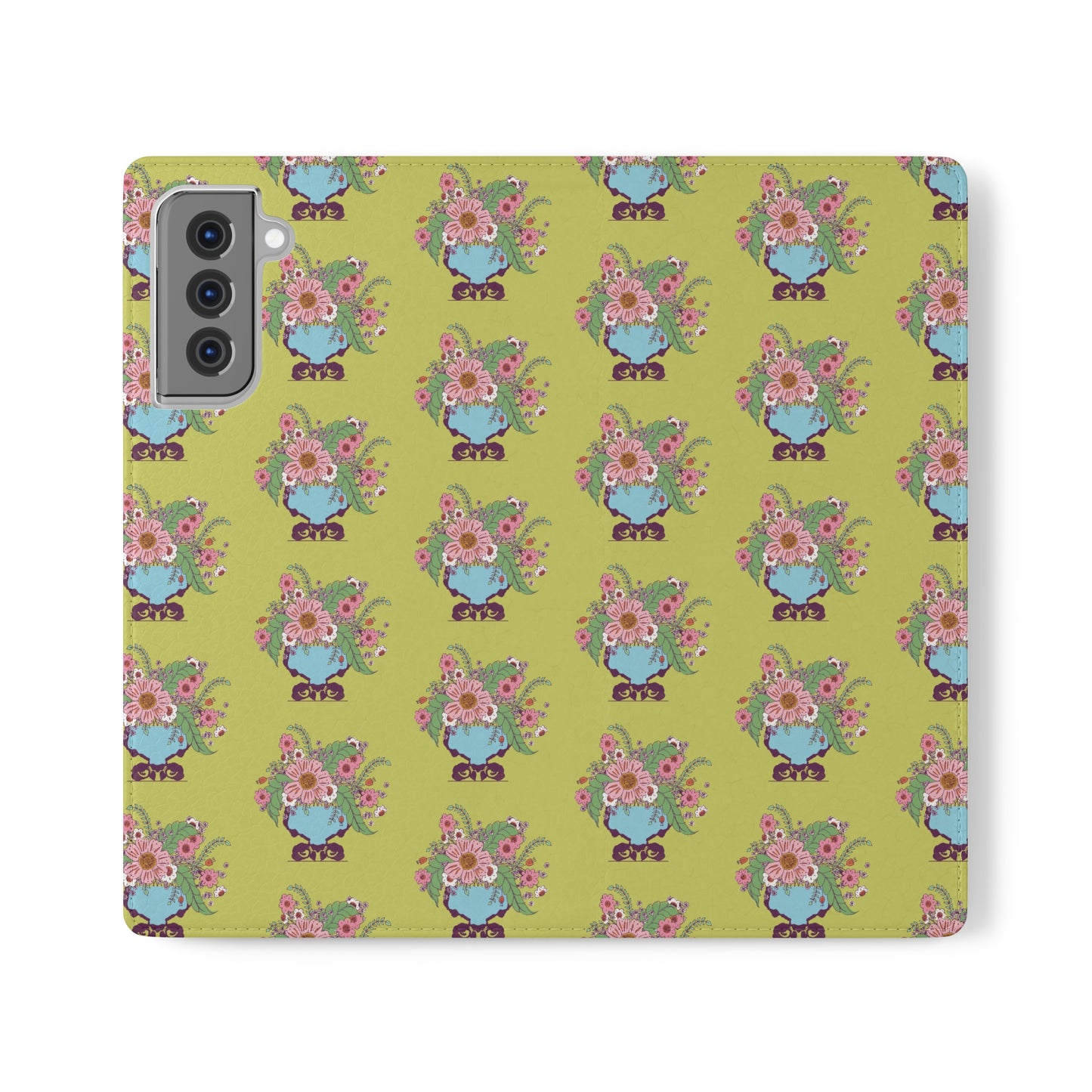 Cheerful Watercolor Flowers in Vase on Bright Green Flip Cases for Samsung