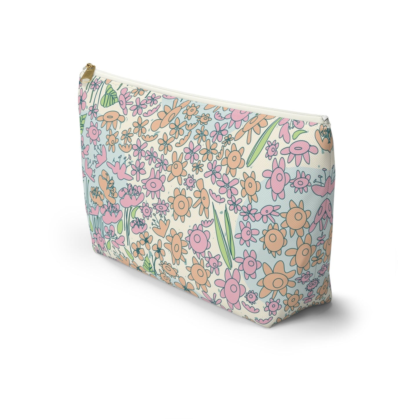 Orange and Pink Flowers on Blue Dot Accessory Pouch w T-bottom