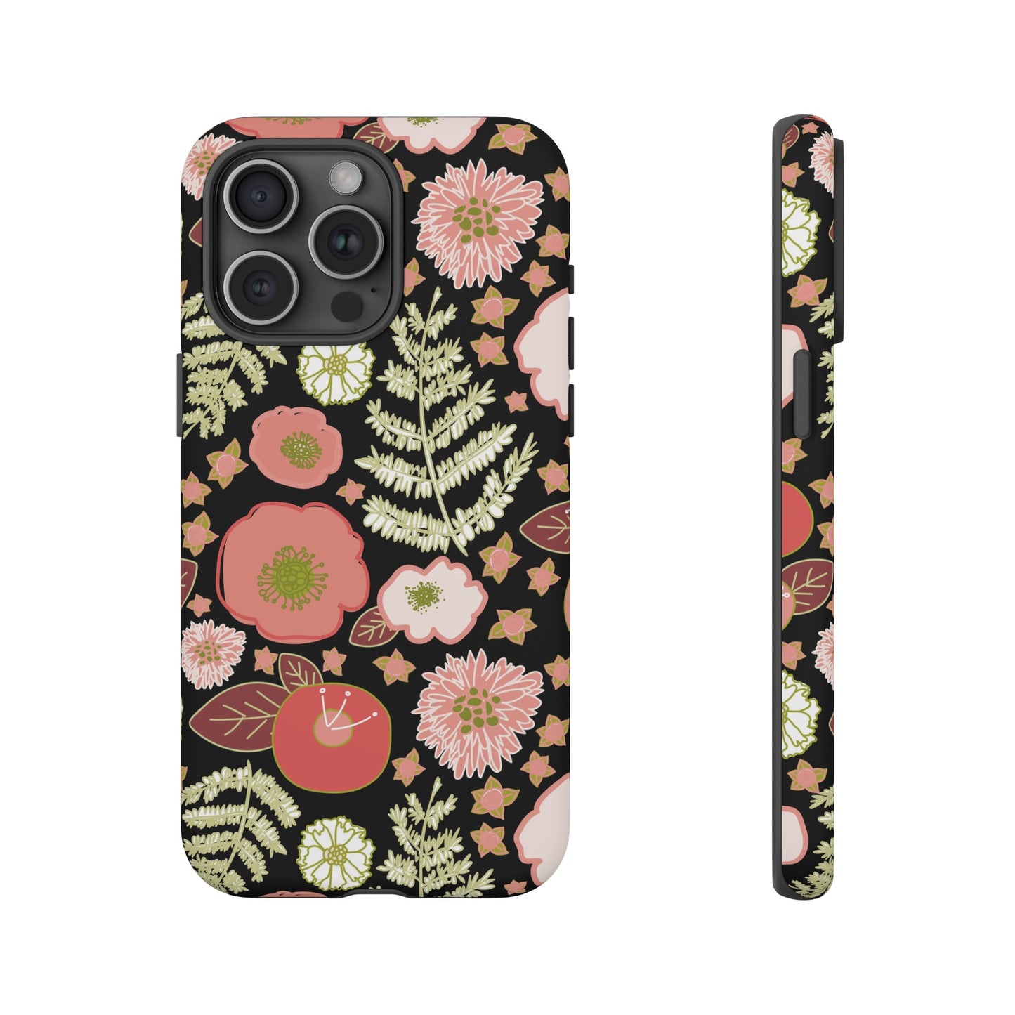 Coral Flowers on Black Tough Cases for iPhone