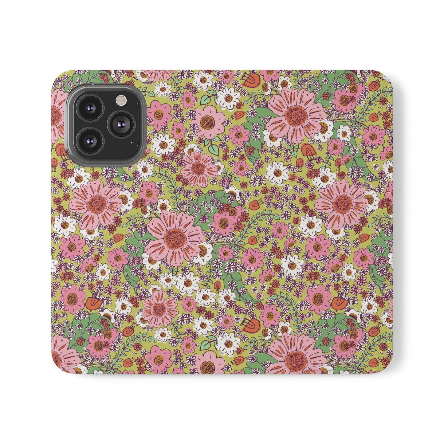 Cheerful Watercolor Flowers on Bright Green Flip Cases for iPhone