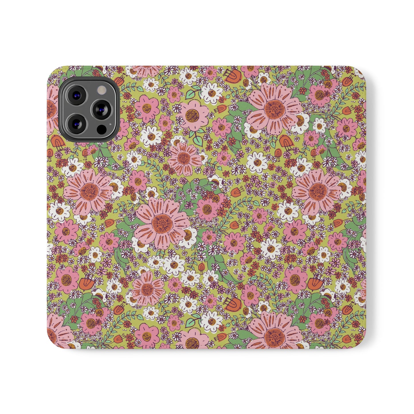 Cheerful Watercolor Flowers on Bright Green Flip Cases for iPhone