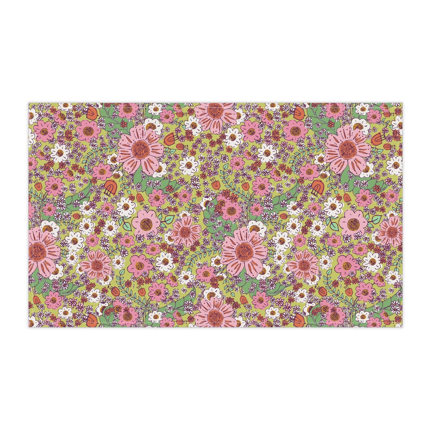 Cheerful Watercolor Flowers on Bright Green Kitchen Towel