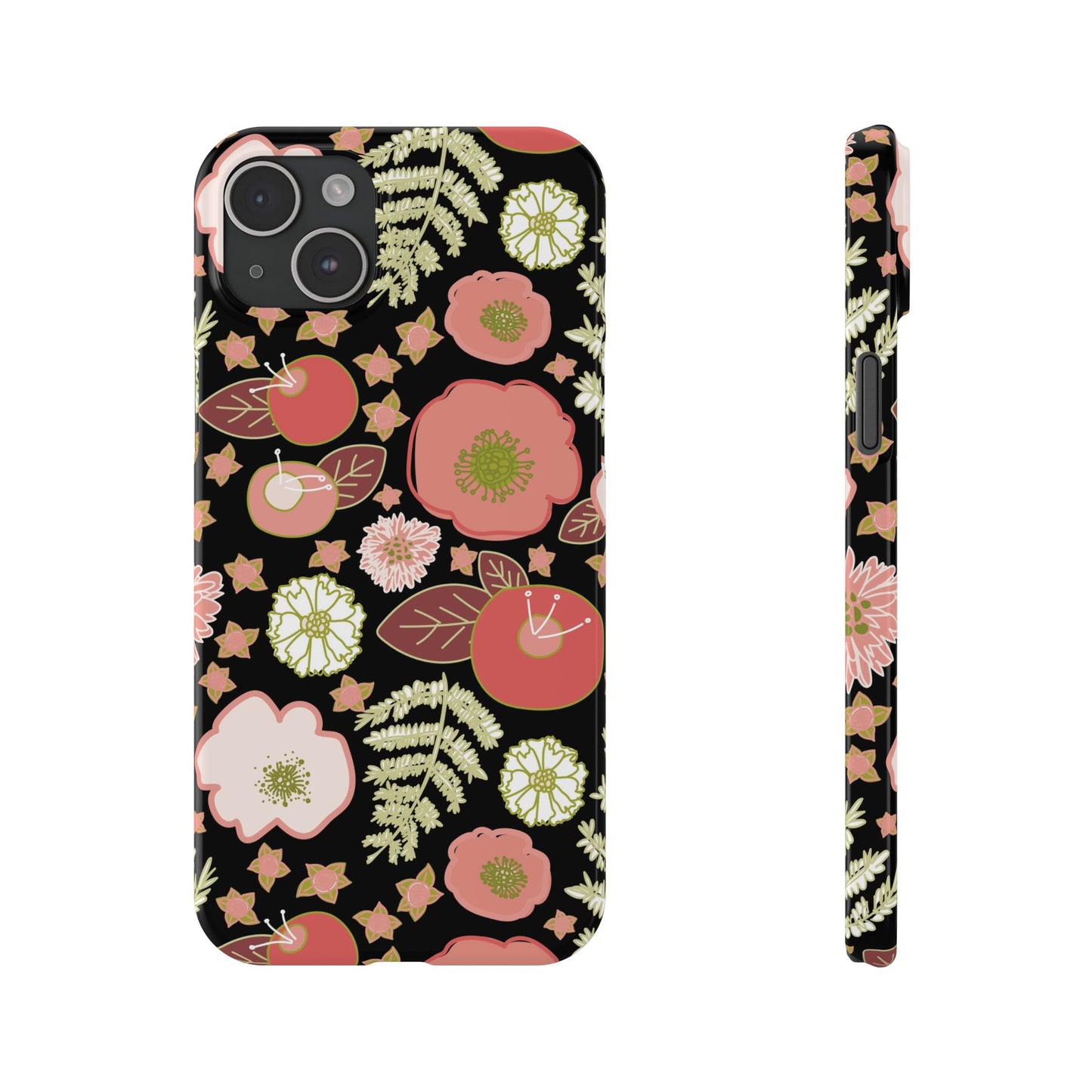 Coral Flowers on Black Slim Phone Cases