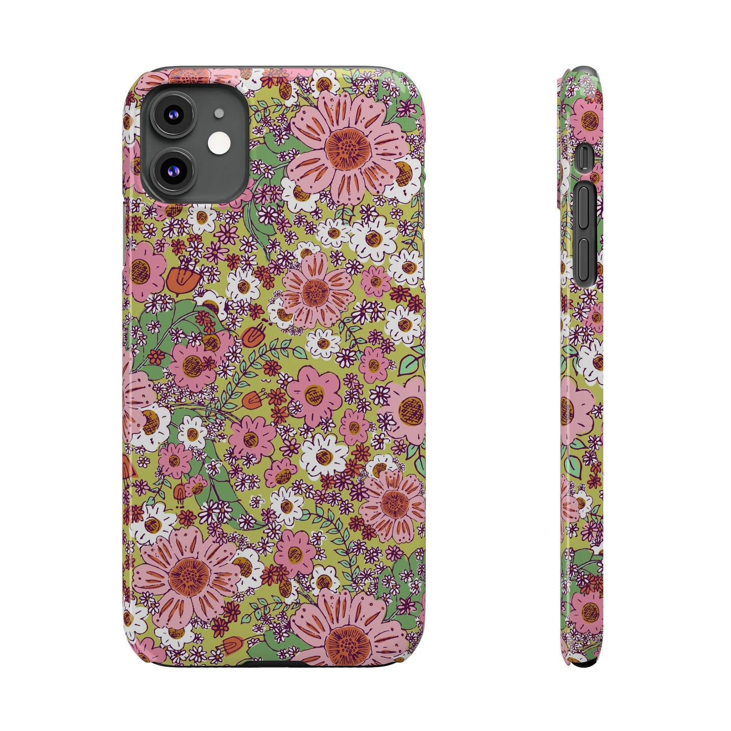 Cheerful Watercolor Flowers on Bright Green Slim Phone Cases