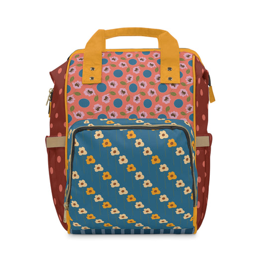 Wildflowers with Dots in Coral and Blue Multifunctional Diaper Backpack