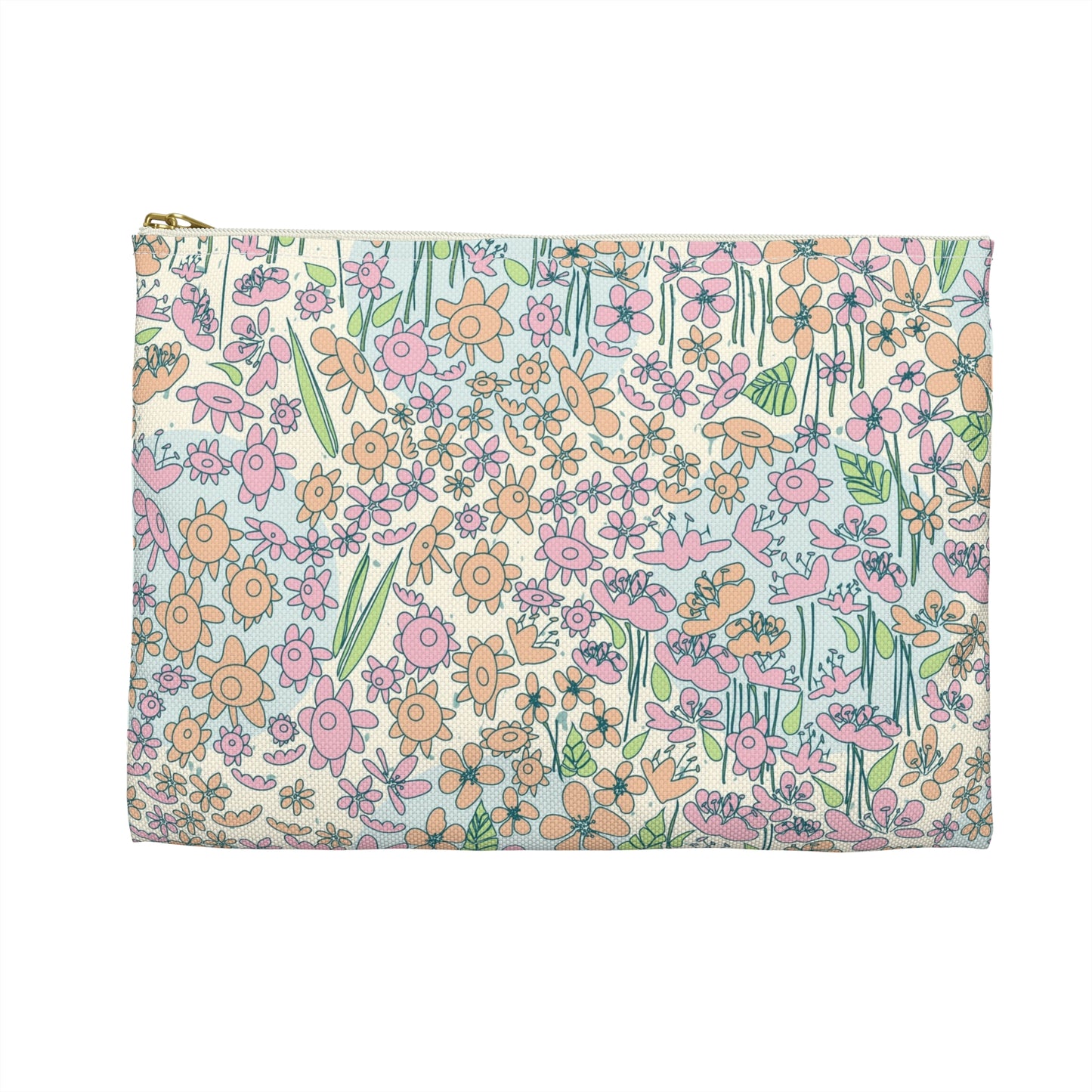 Orange and Pink Flowers on Blue Dot Accessory Pouch