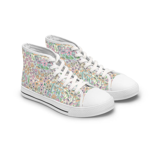 Orange and Pink Flowers on Blue Dot Women's High Top Sneakers