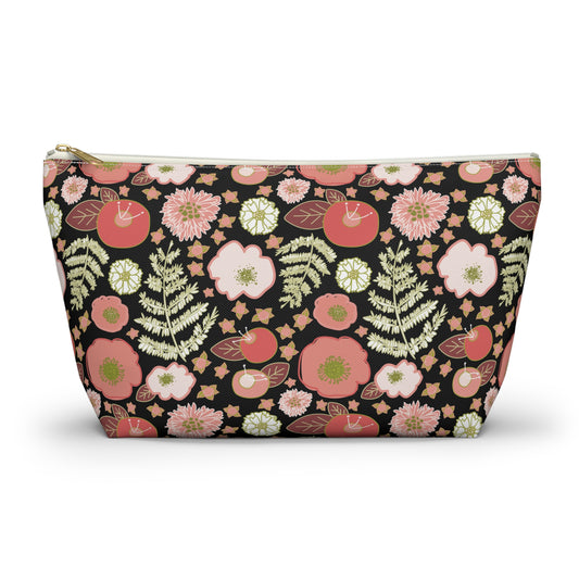 Coral Flowers on Black Accessory Pouch w T-bottom