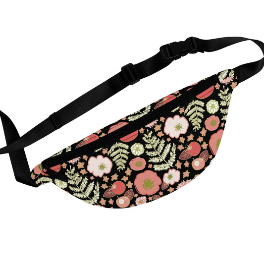 Coral Flowers on Black Fanny Pack