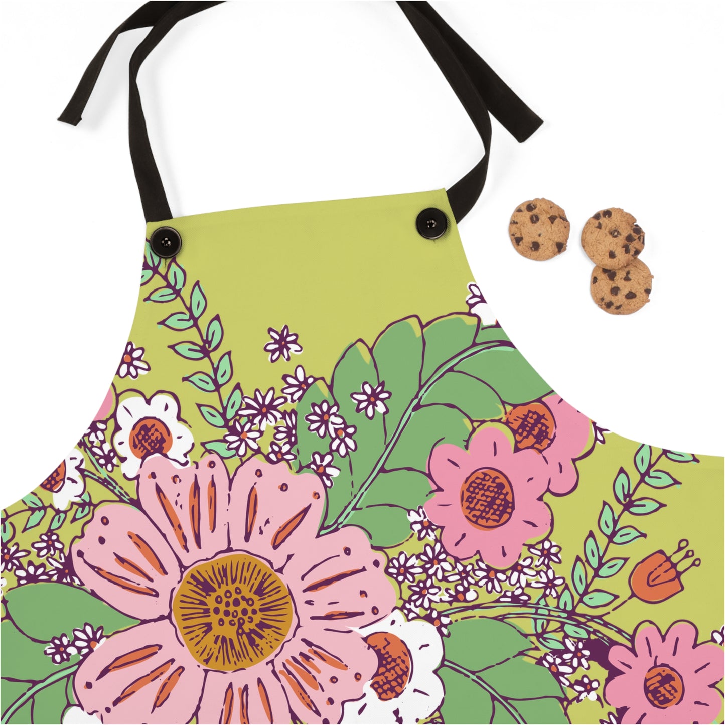 Cheerful Watercolor Flowers in Vase on Bright Green Apron