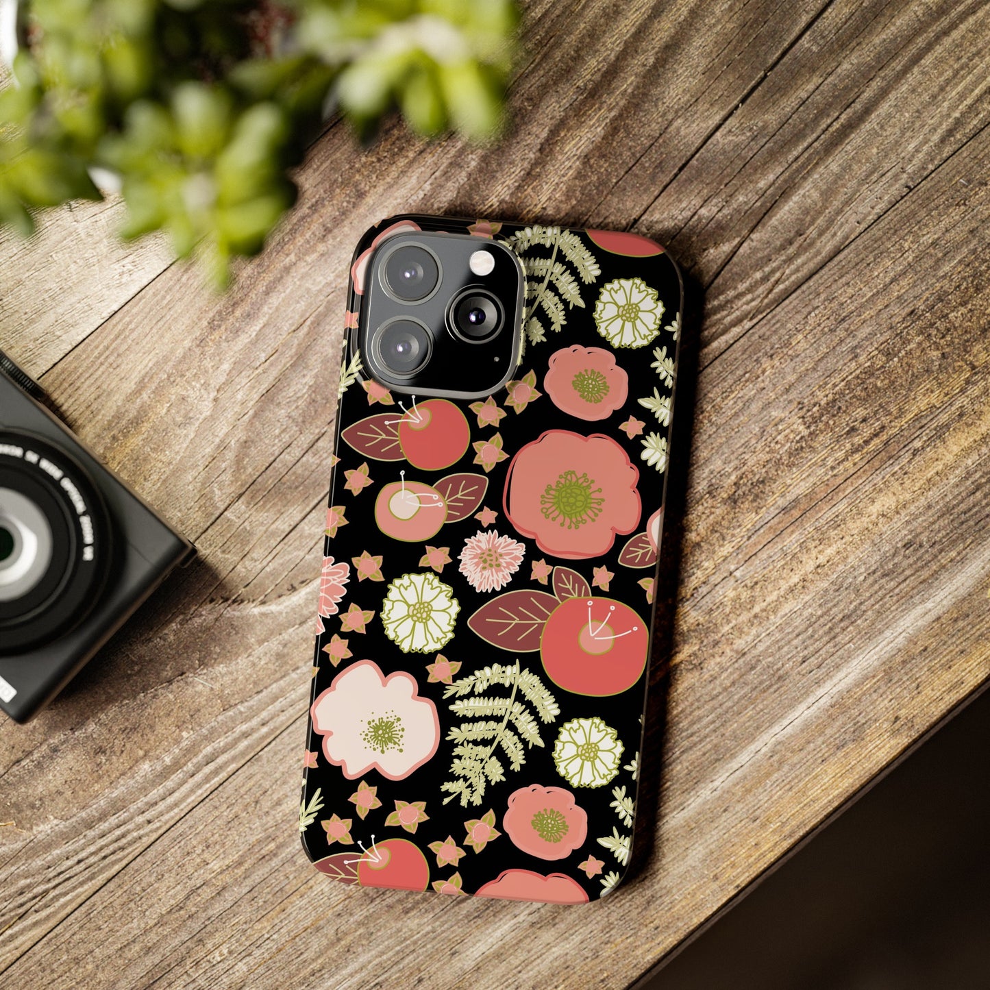 Coral Flowers on Black Slim Phone Cases