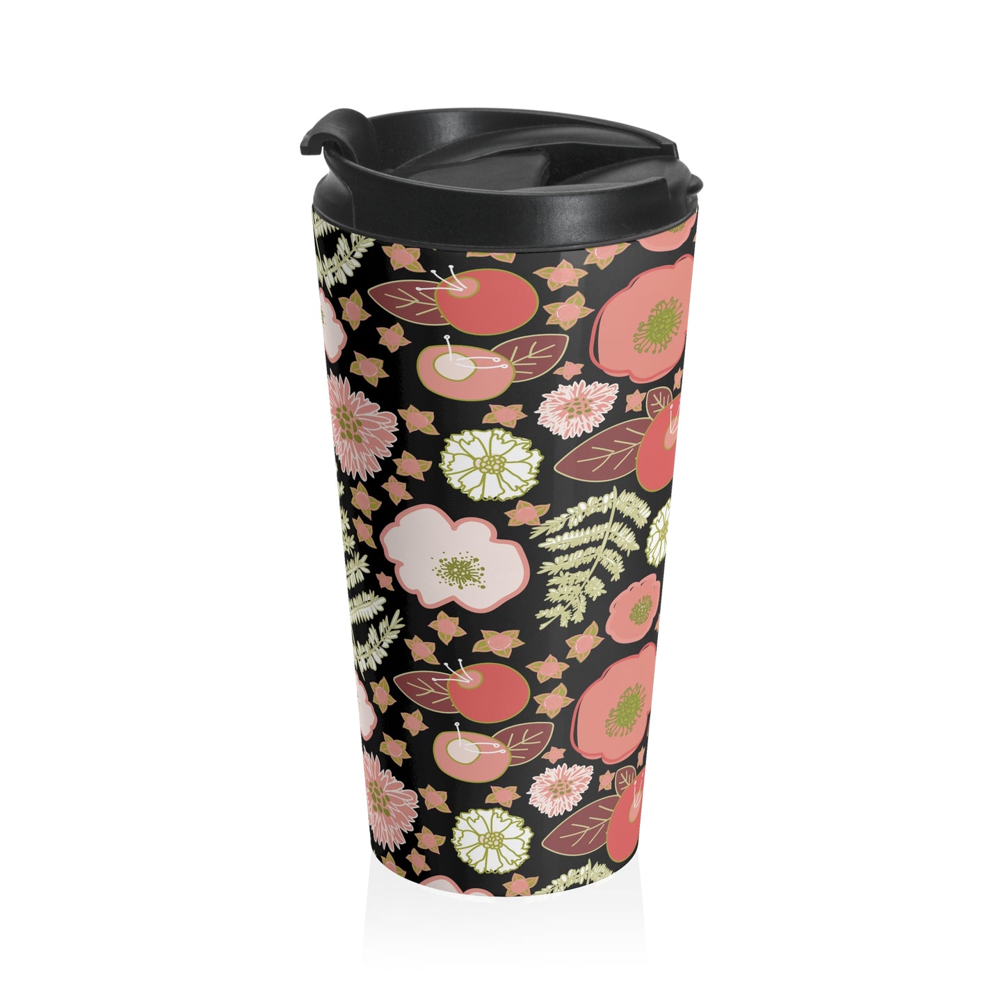 Coral Flowers on Black Stainless Steel Travel Mug