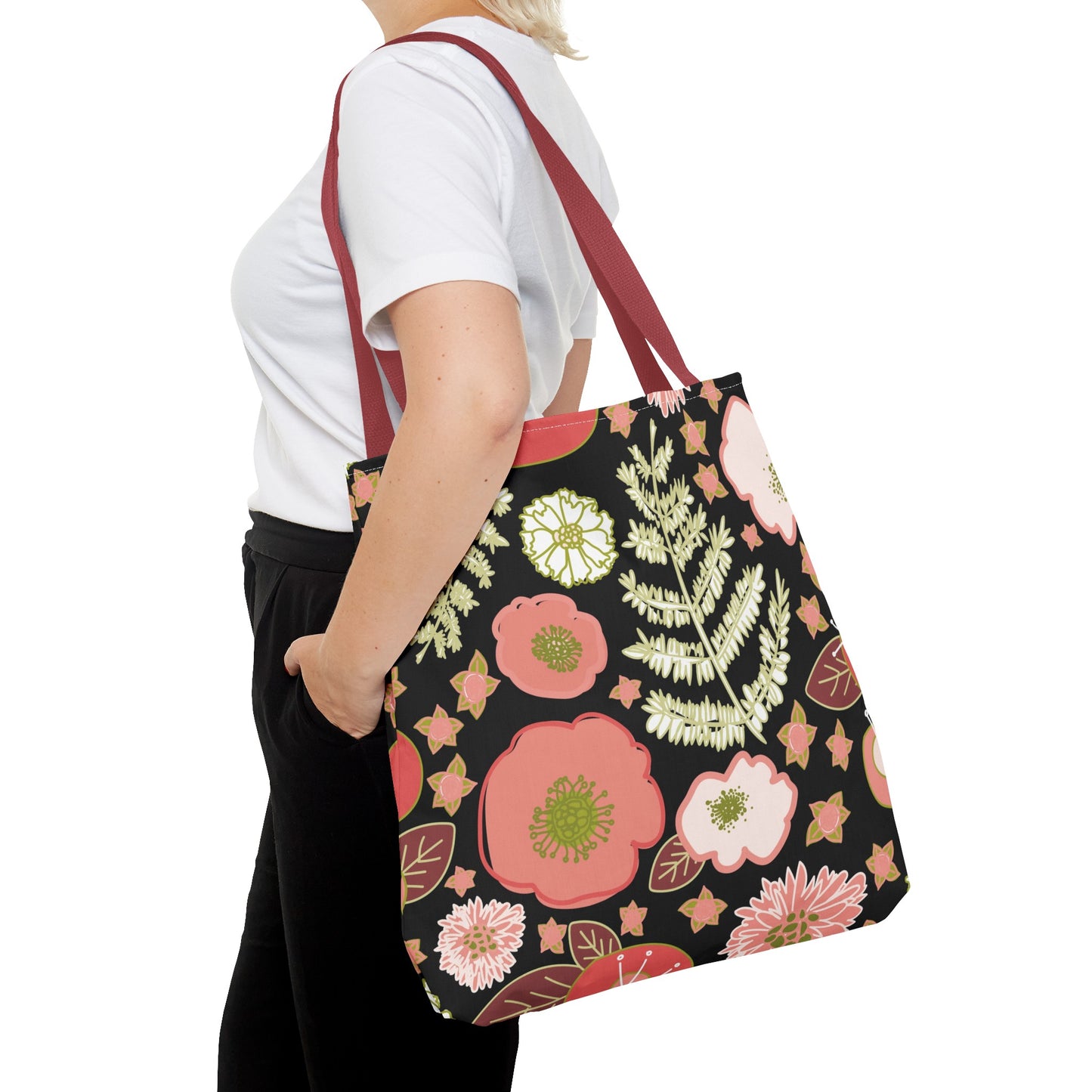 Coral Flowers on Black Tote Bag