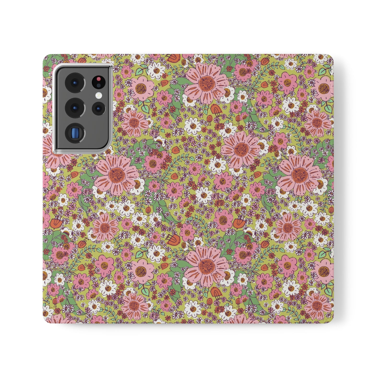 Cheerful Watercolor Flowers on Bright Green Flip Cases for Samsung