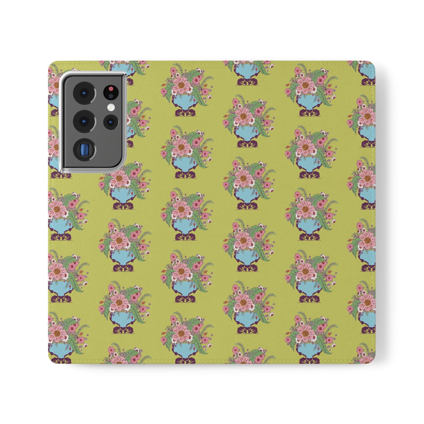 Cheerful Watercolor Flowers in Vase on Bright Green Flip Cases for Samsung