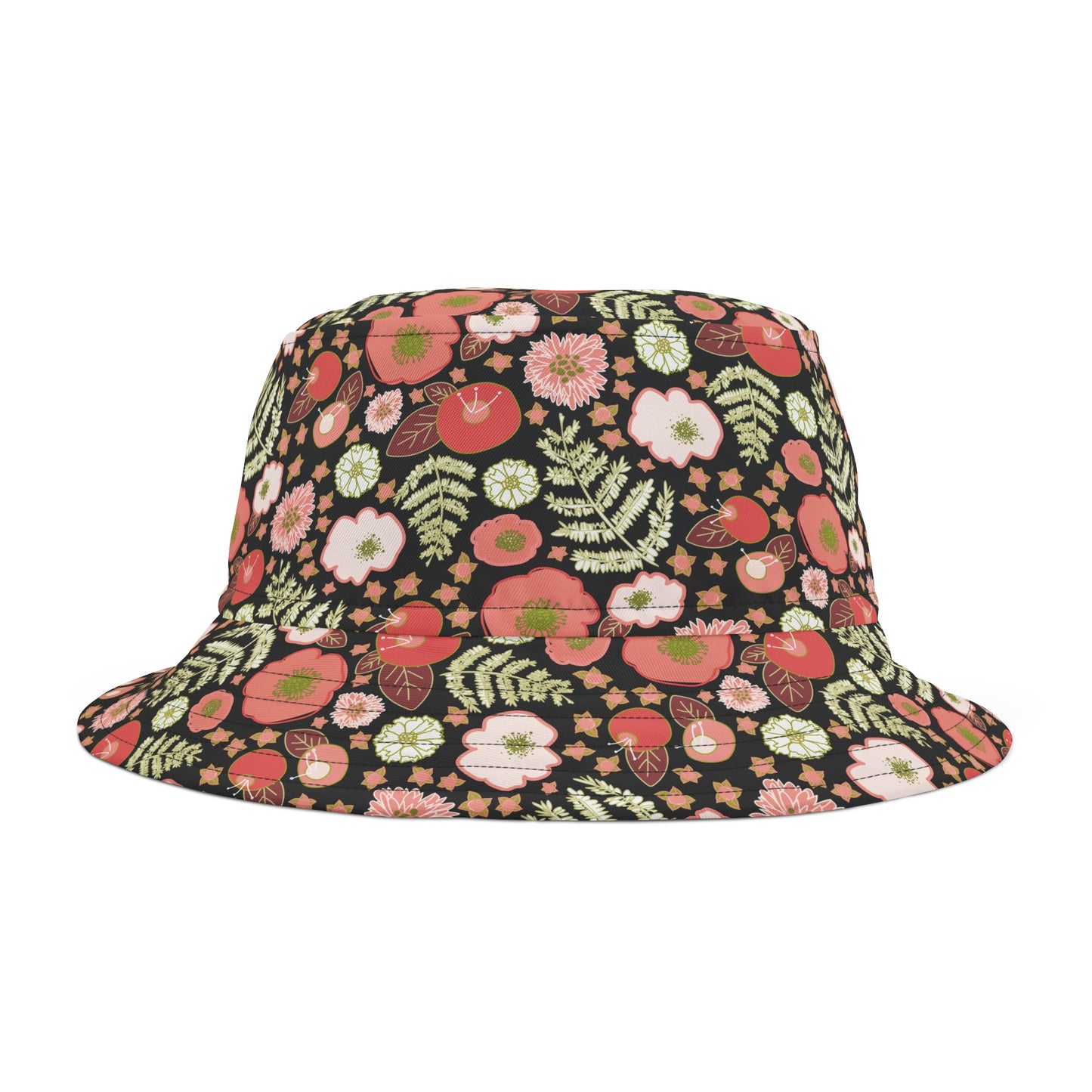 Coral Flowers on Black Bucket Hat