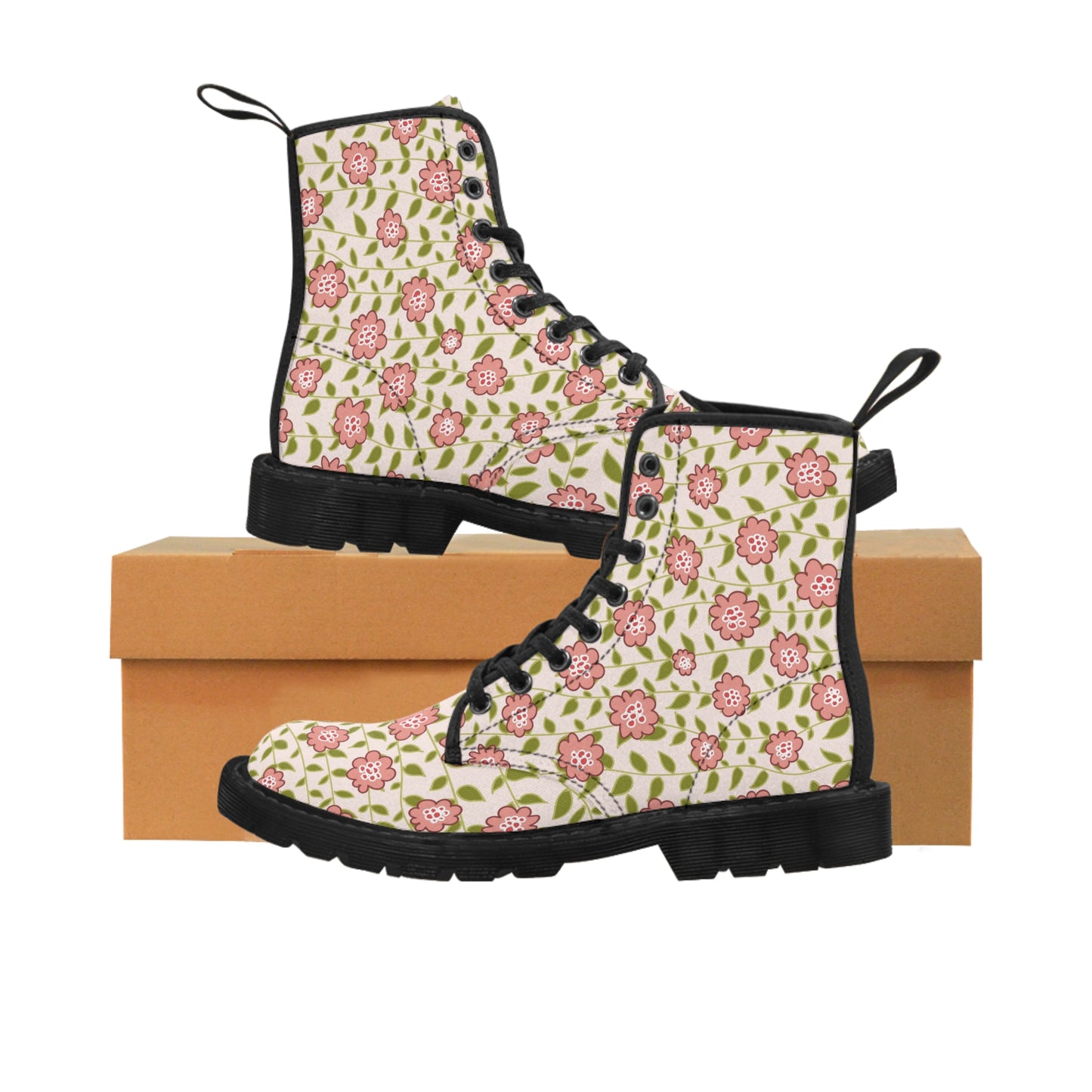 Coral flower vine on Cream Women's Canvas Boots