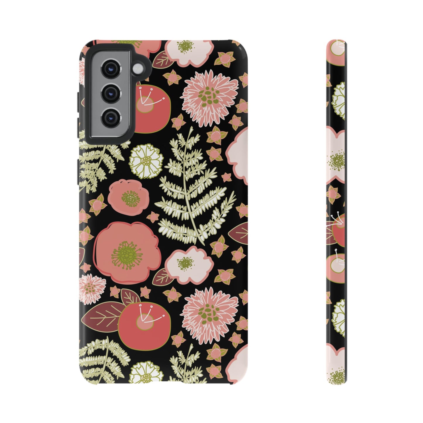 Coral Flowers on Black Tough Cases for Samsung