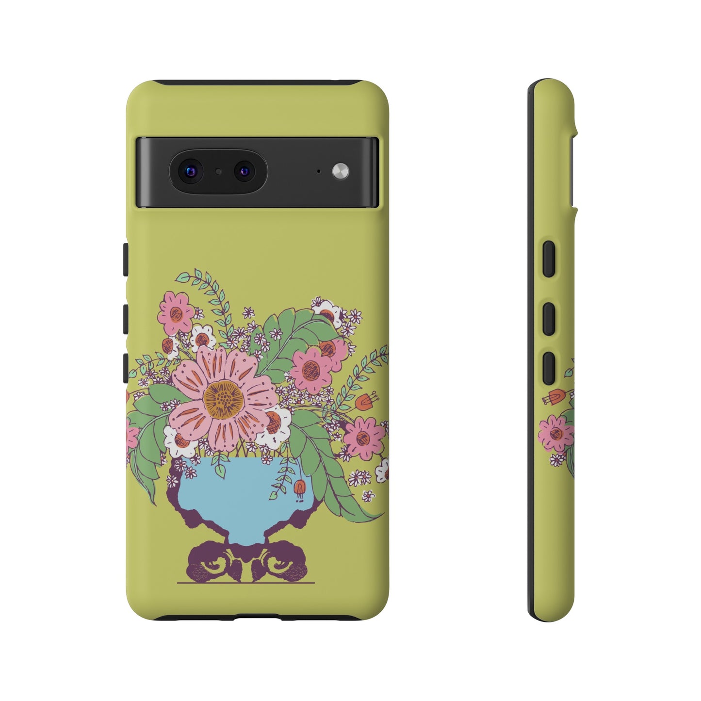 Cheerful Watercolor Flowers in Vase on Bright Green Tough Cases for Google Pixel