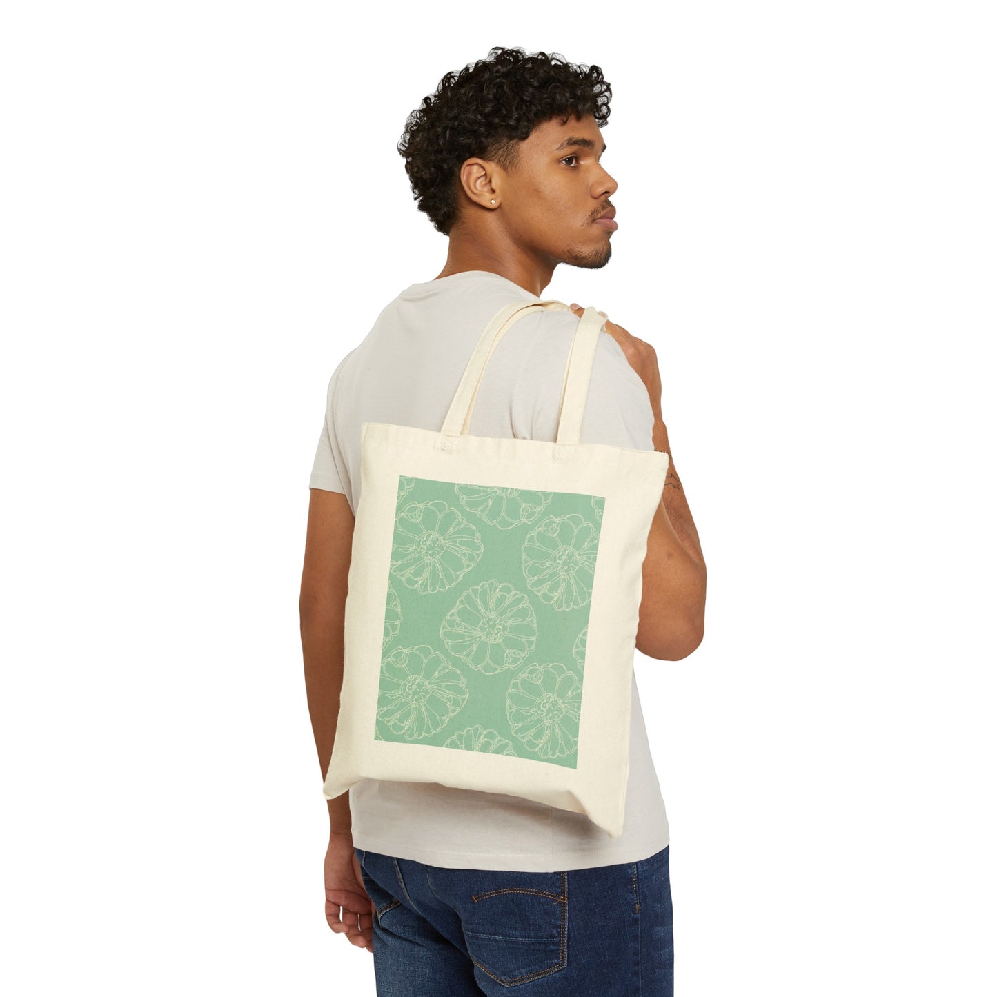 Cream Flower Outline on Aqua Cotton Canvas Tote Bag