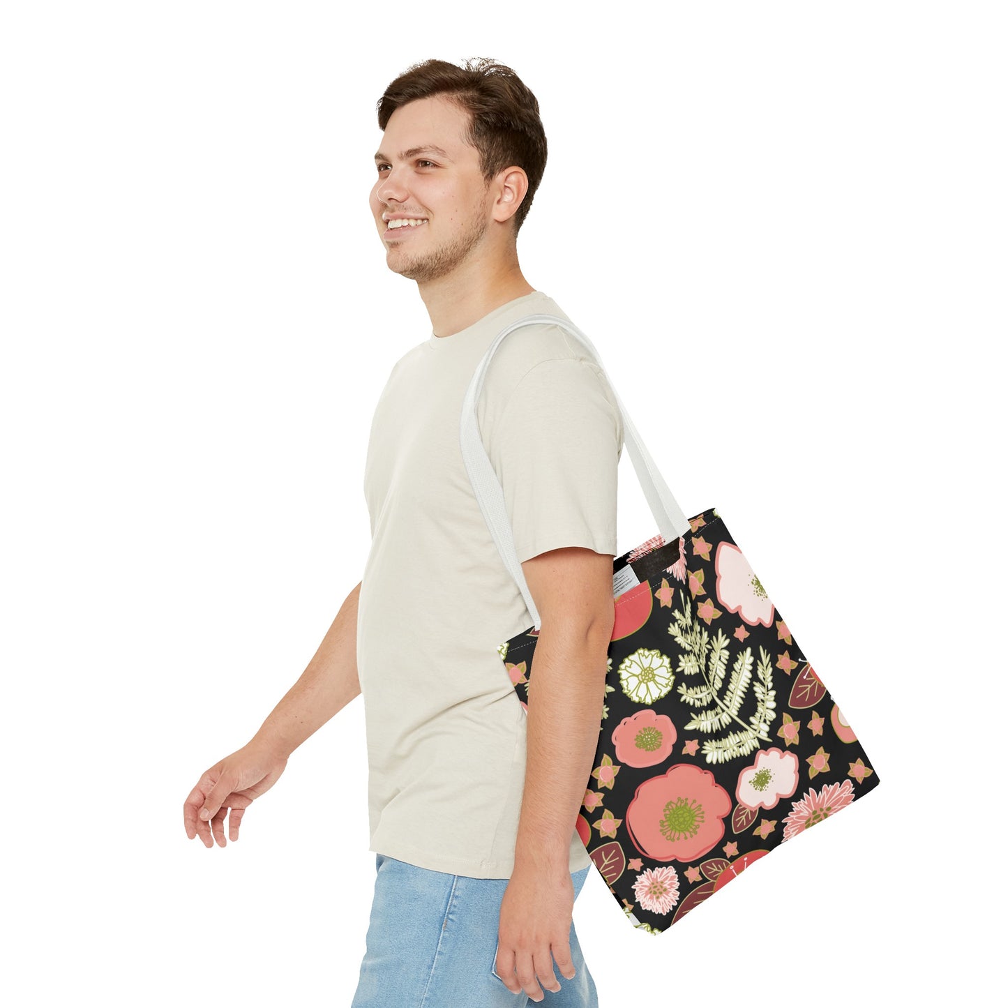 Coral Flowers on Black Tote Bag