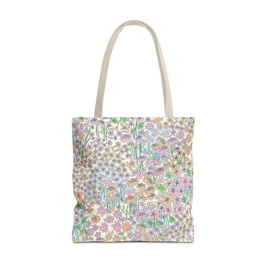 Orange and Pink Flowers on Blue Dot Tote Bag