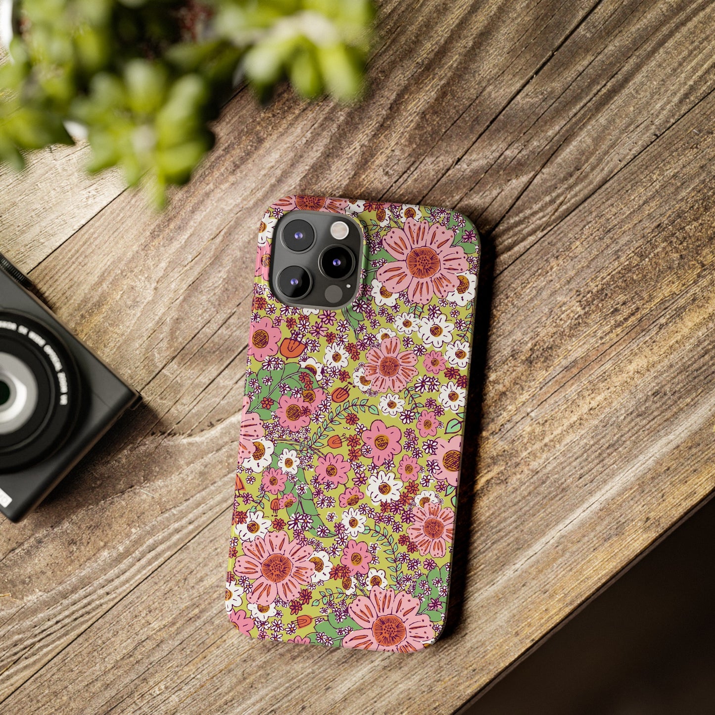 Cheerful Watercolor Flowers on Bright Green Slim Phone Cases