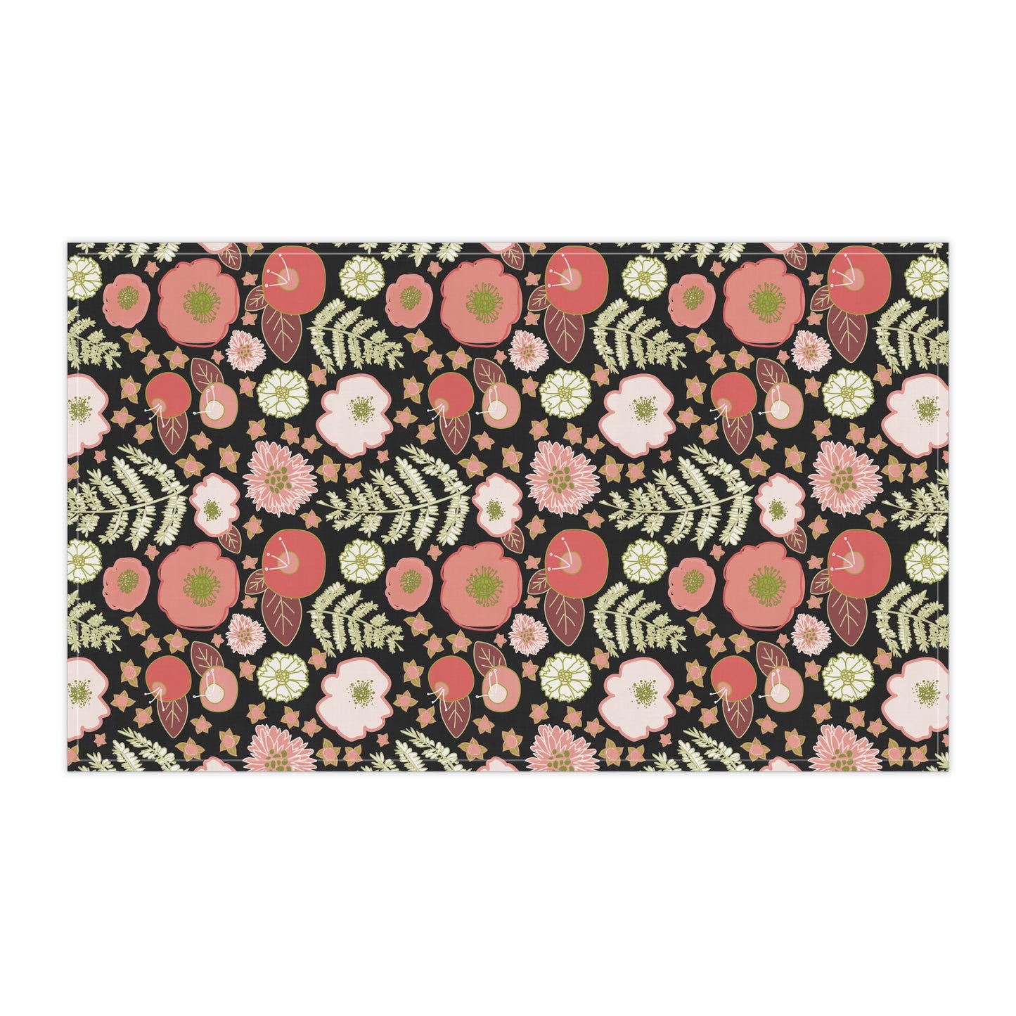 Coral Flowers on Black Kitchen Towel