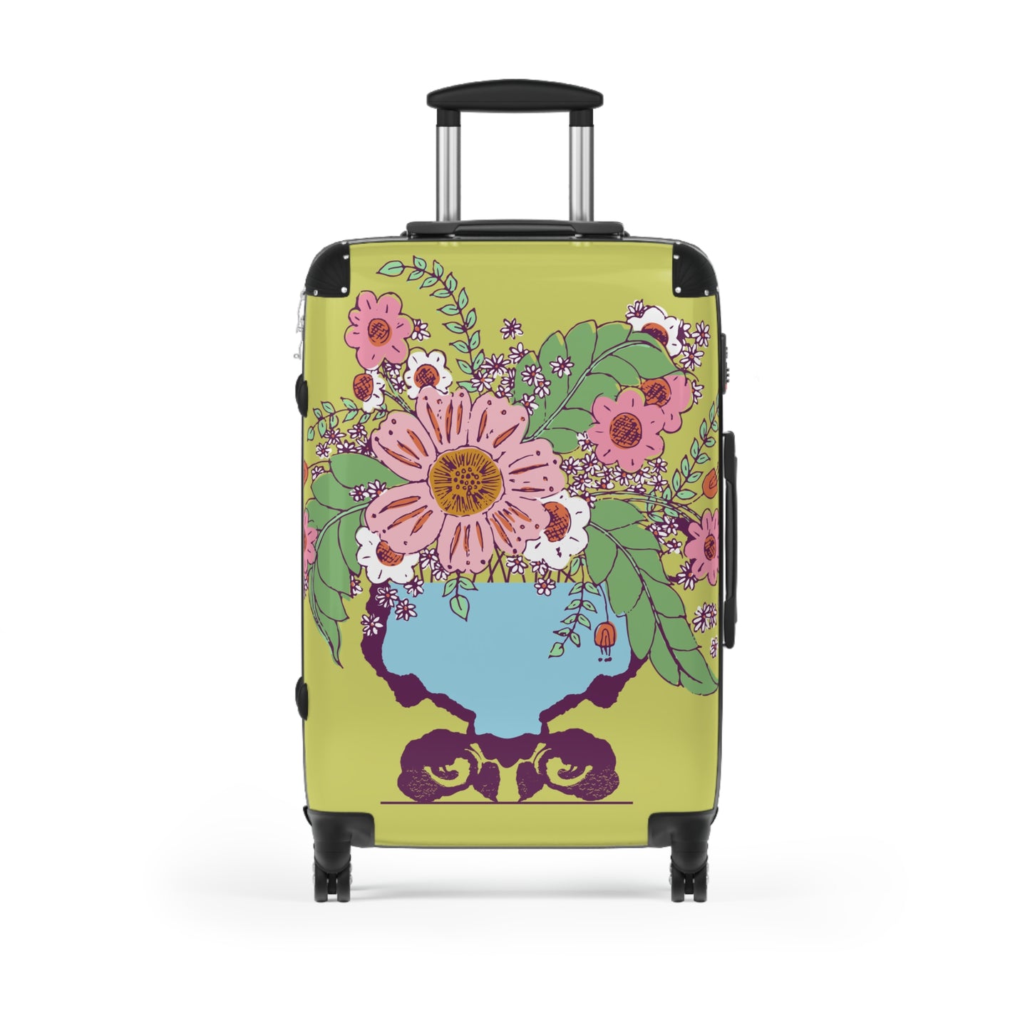 Cheerful Watercolor Flowers in Vase on Bright Green Suitcase