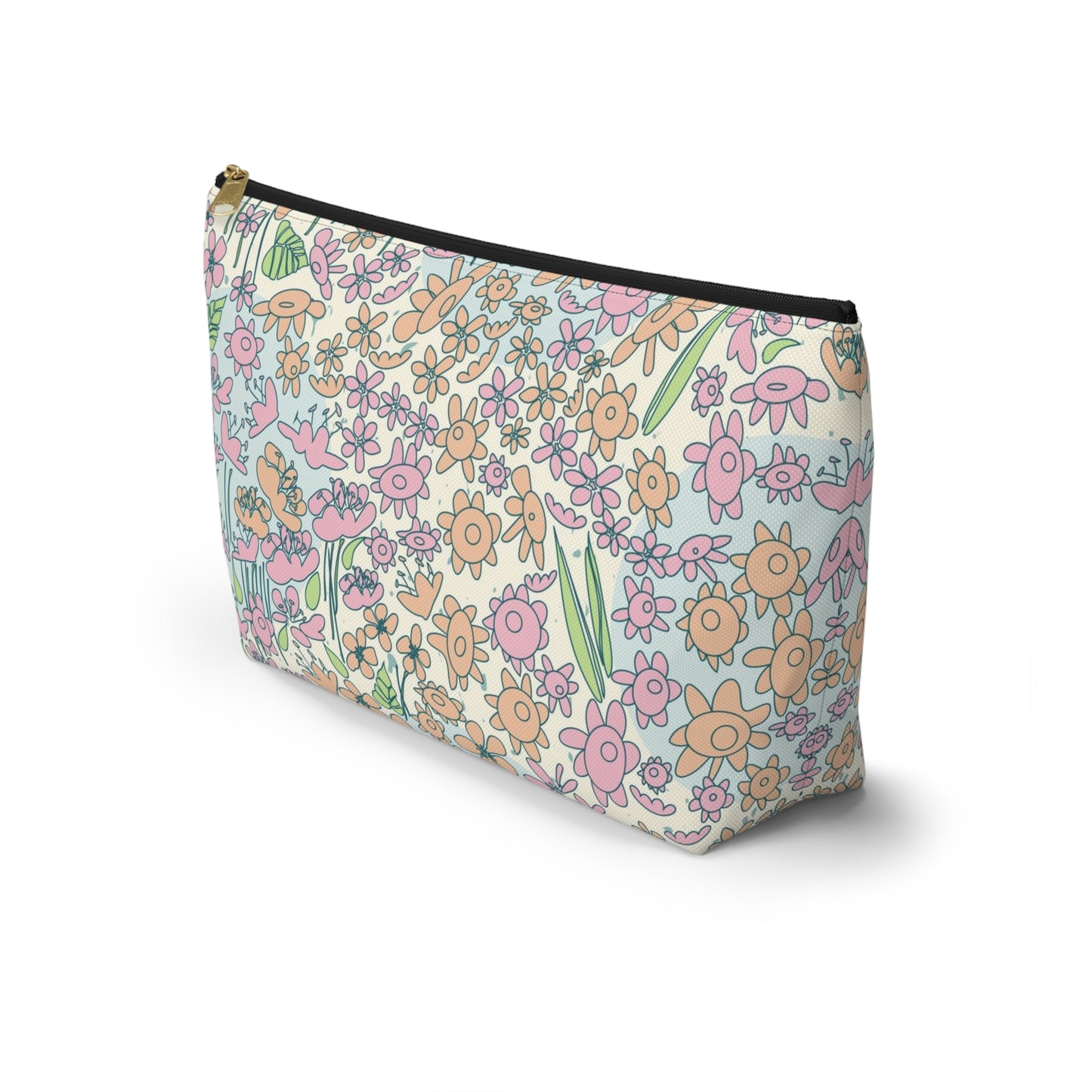 Orange and Pink Flowers on Blue Dot Accessory Pouch w T-bottom