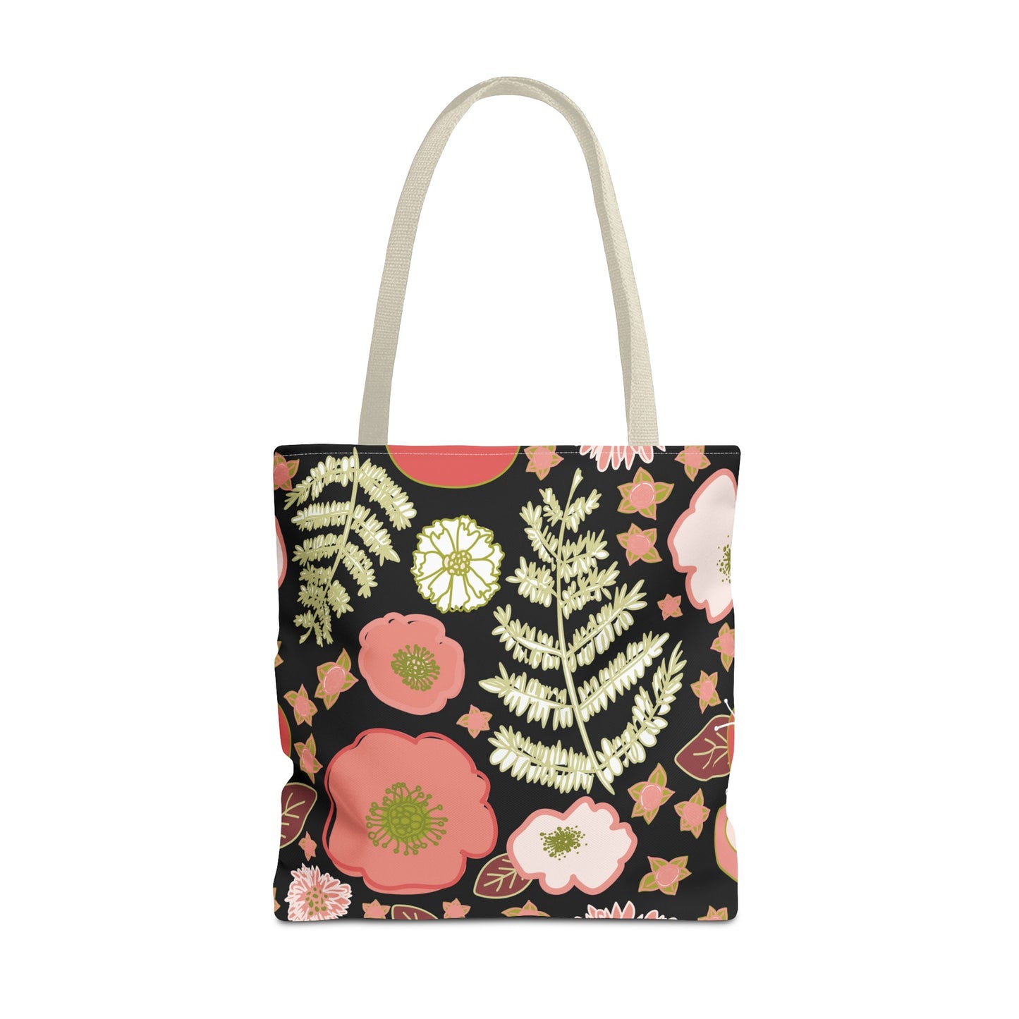 Coral Flowers on Black Tote Bag