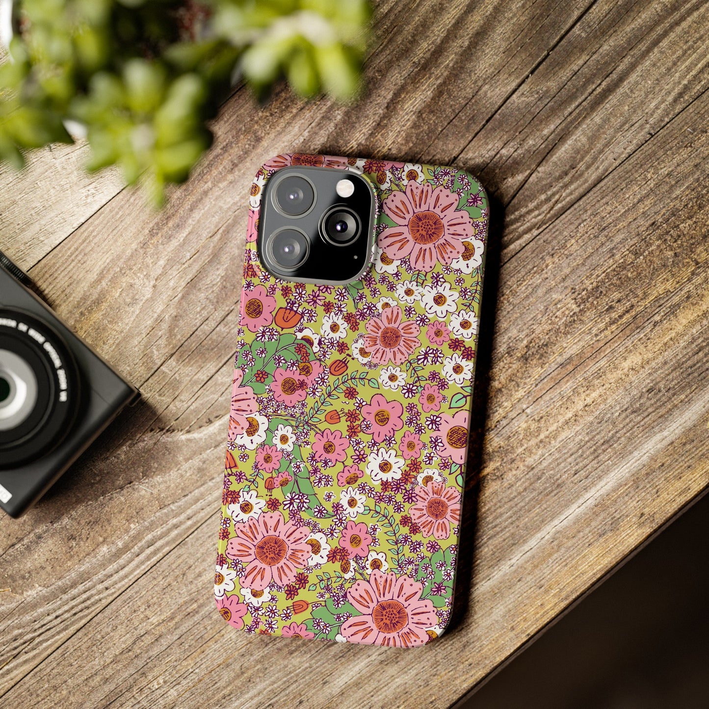 Cheerful Watercolor Flowers on Bright Green Slim Phone Cases