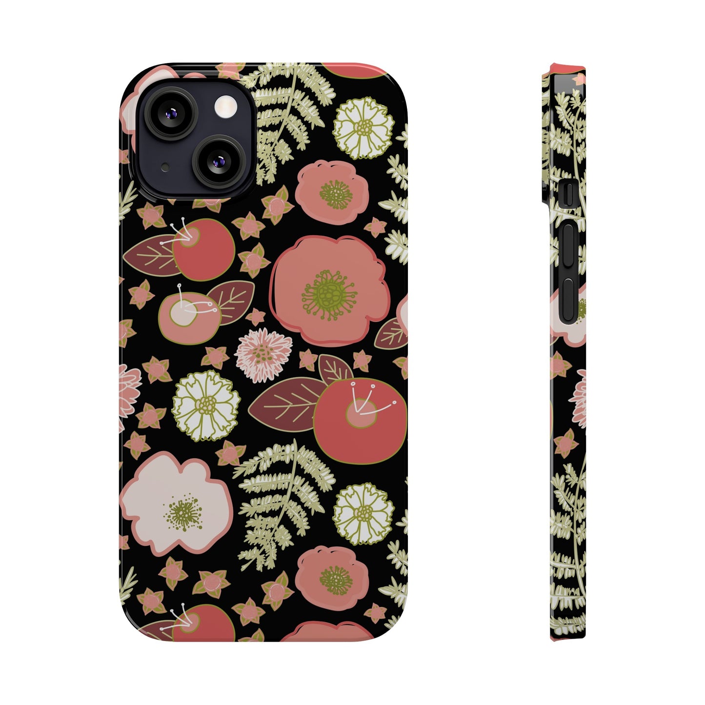 Coral Flowers on Black Slim Phone Cases