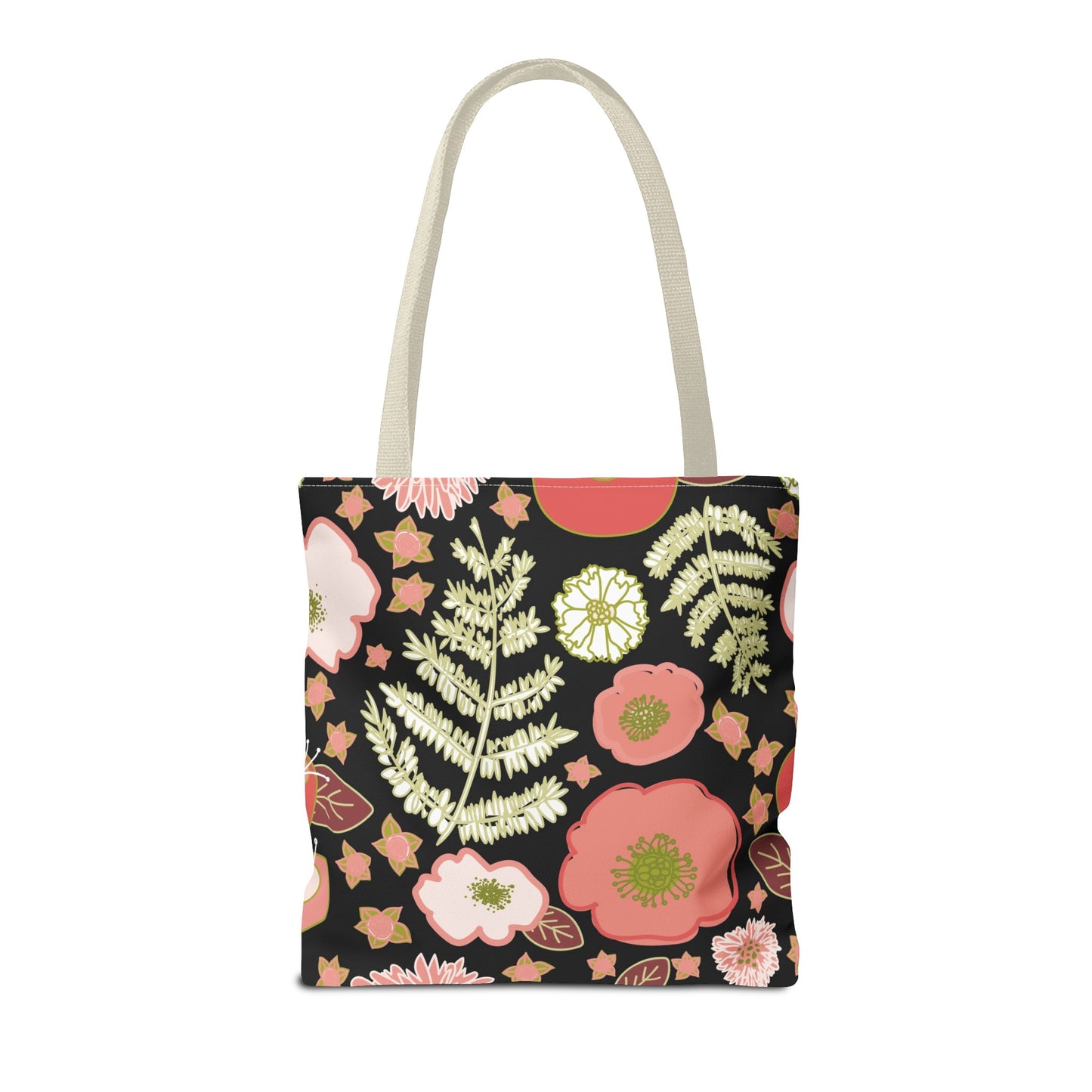 Coral Flowers on Black Tote Bag