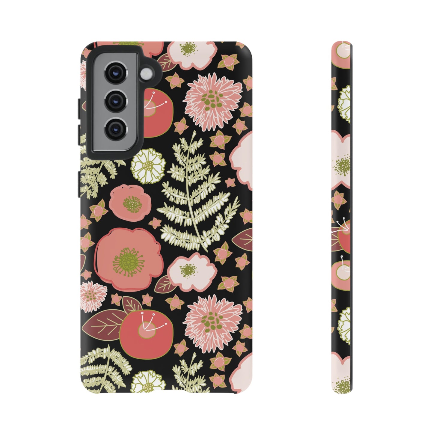 Coral Flowers on Black Tough Cases for Samsung