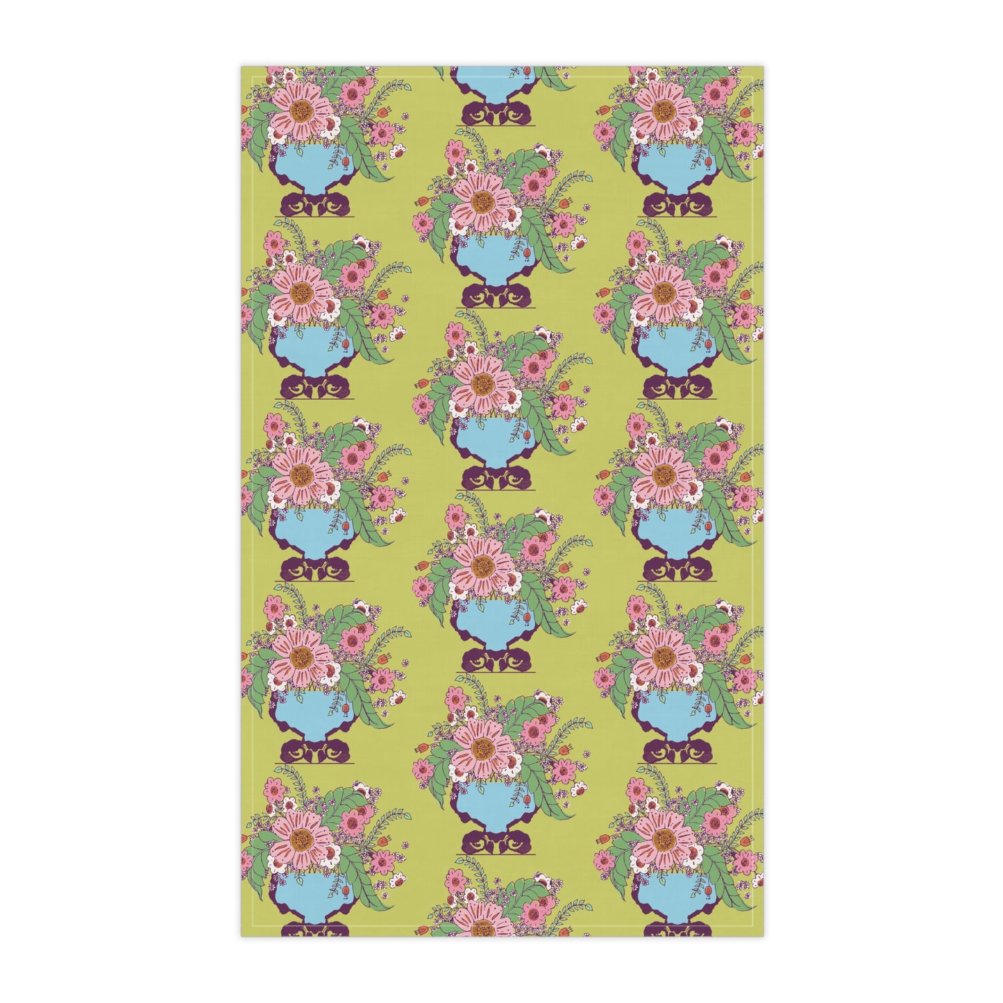 Cheerful Flowers in Vase on Bright Green Kitchen Towel