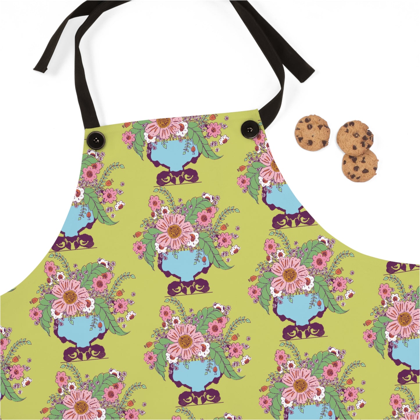 Cheerful Watercolor Flowers in Vase on Bright Green Apron