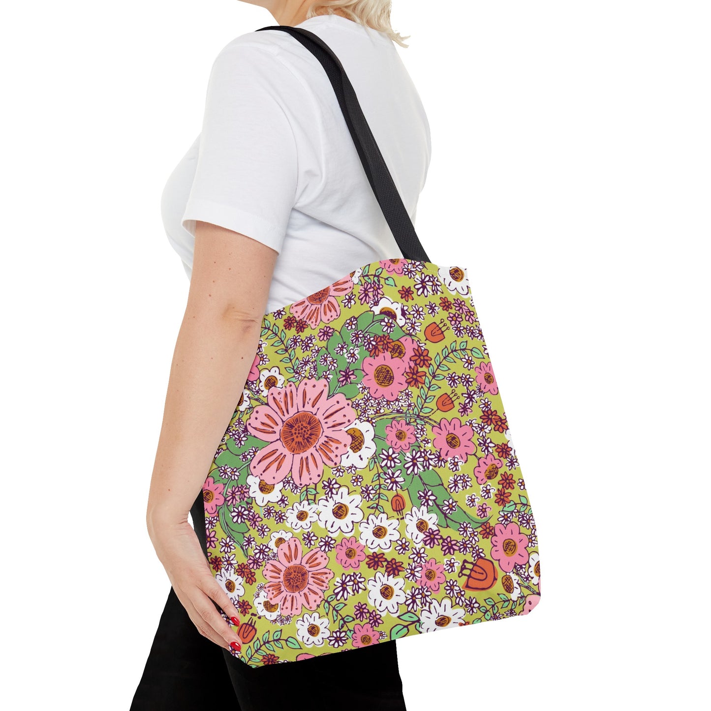Cheerful Watercolor Flowers on Bright Green Tote Bag