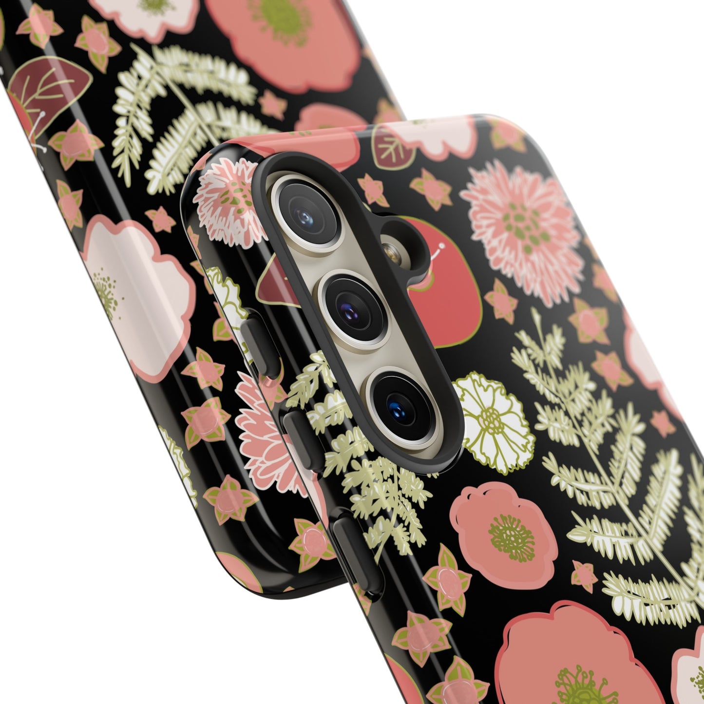 Coral Flowers on Black Tough Cases for Samsung