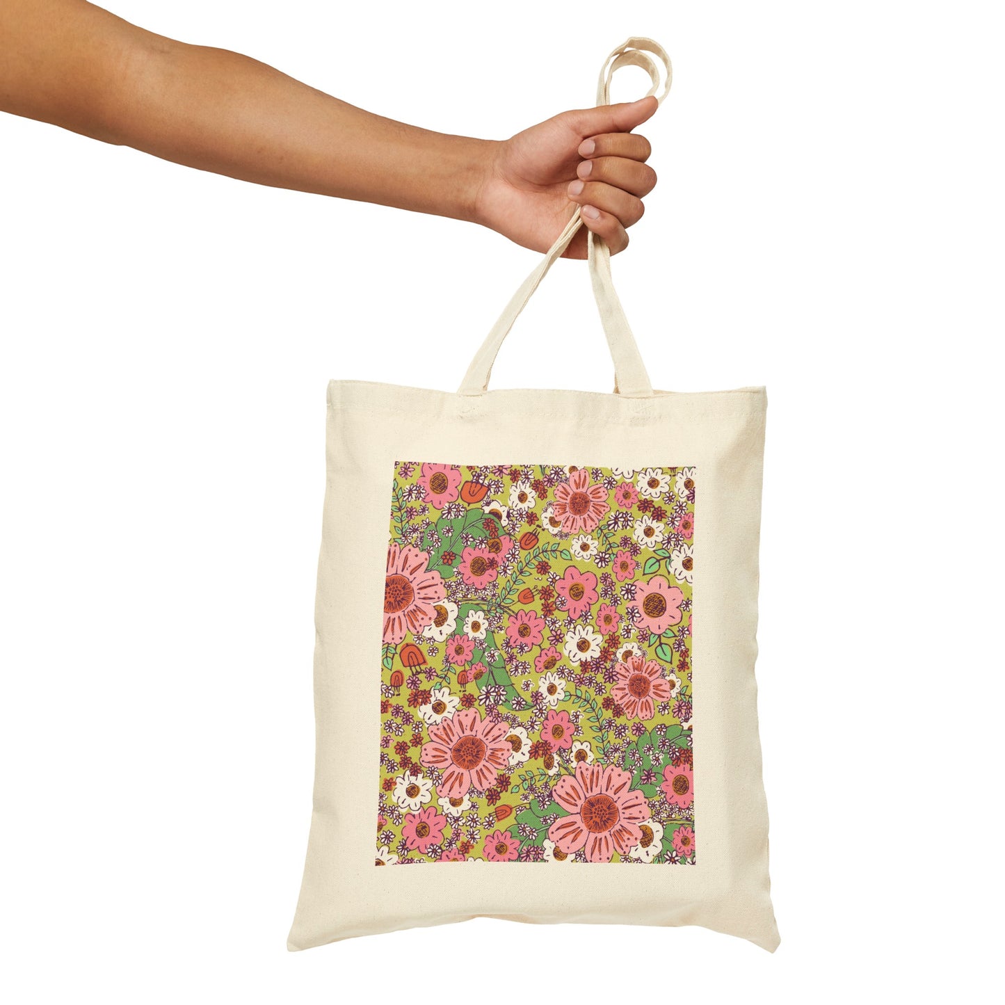 Cheerful Watercolor Floral on Bright Green Cotton Canvas Tote Bag