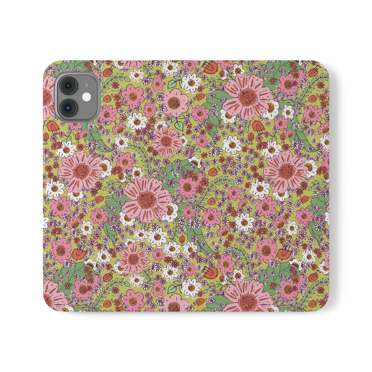 Cheerful Watercolor Flowers on Bright Green Flip Cases for iPhone