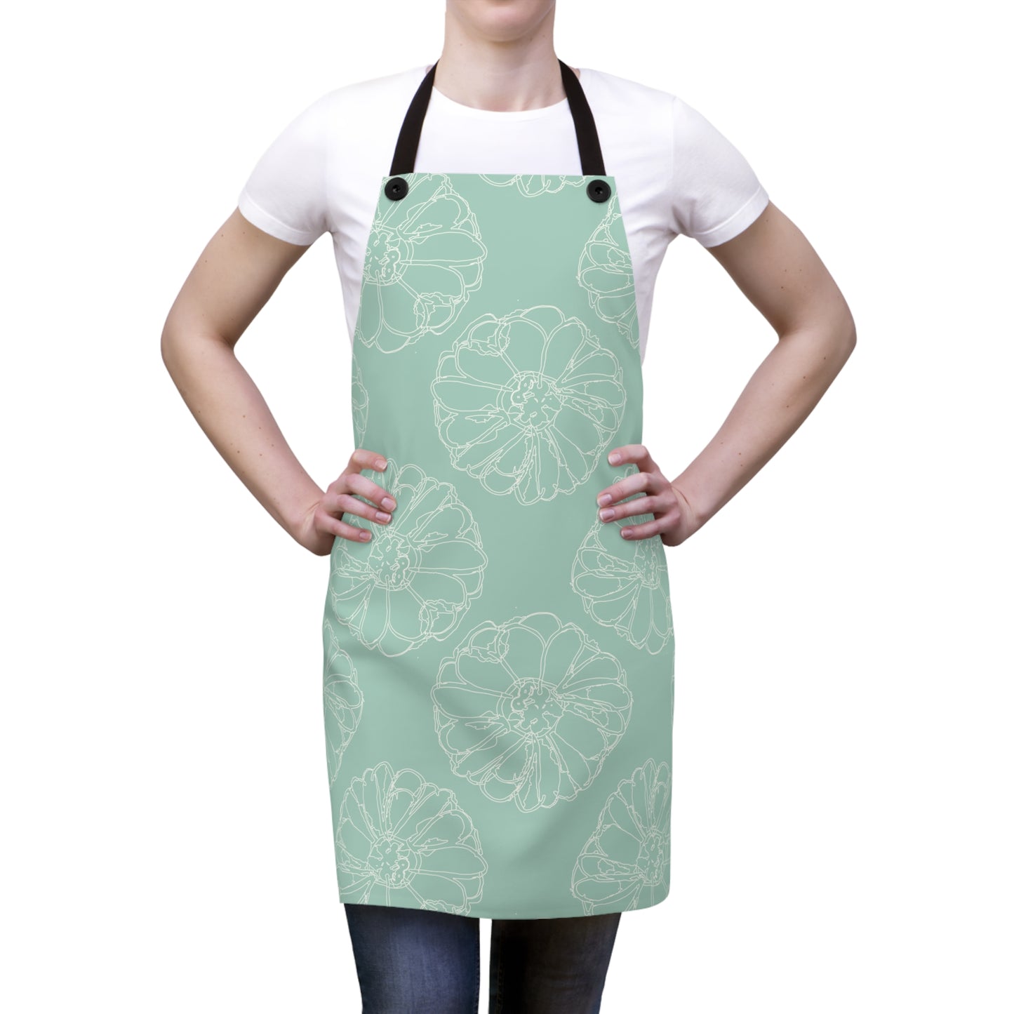 Cream Flower Outline on Aqua Apron