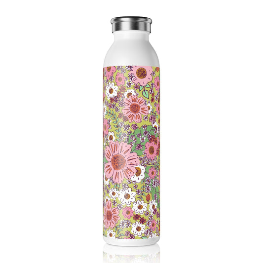 Cheerful Watercolor Flowers on Bright Green Slim Water Bottle