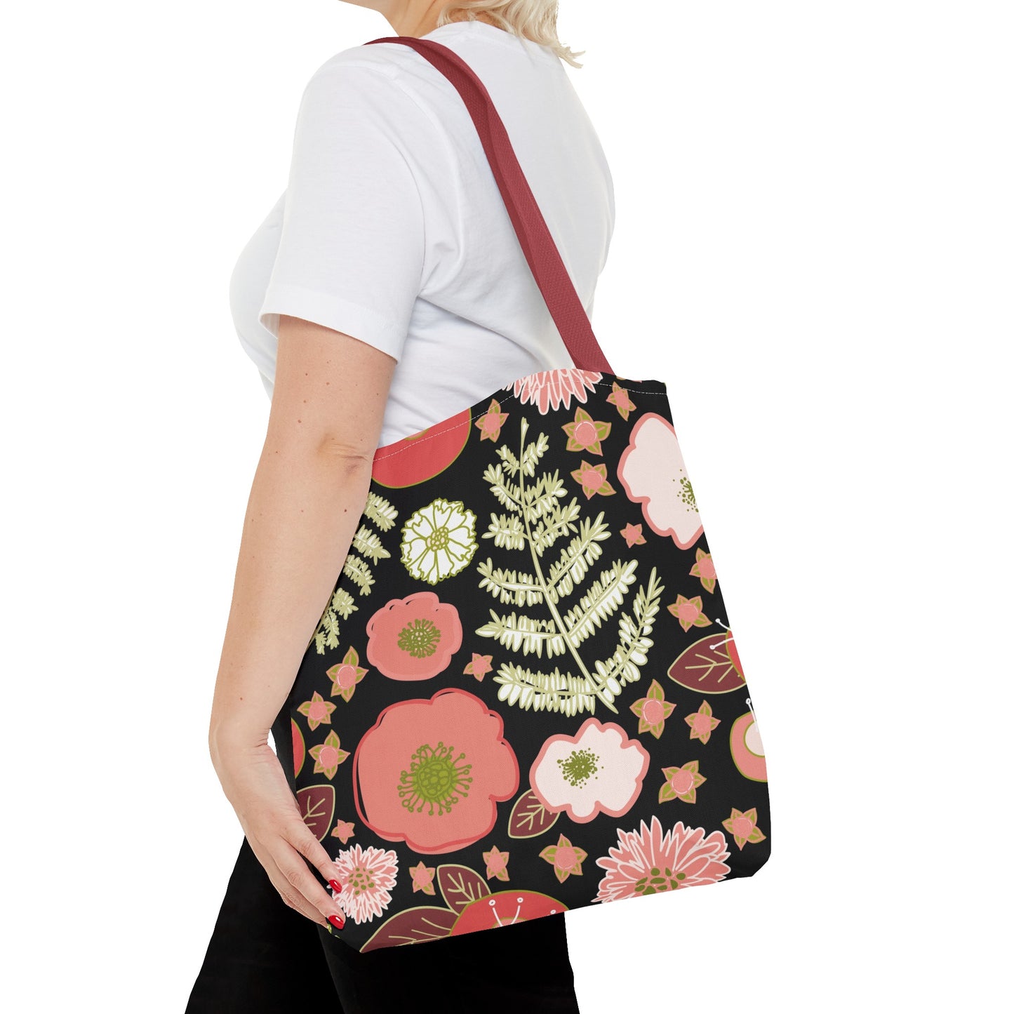 Coral Flowers on Black Tote Bag