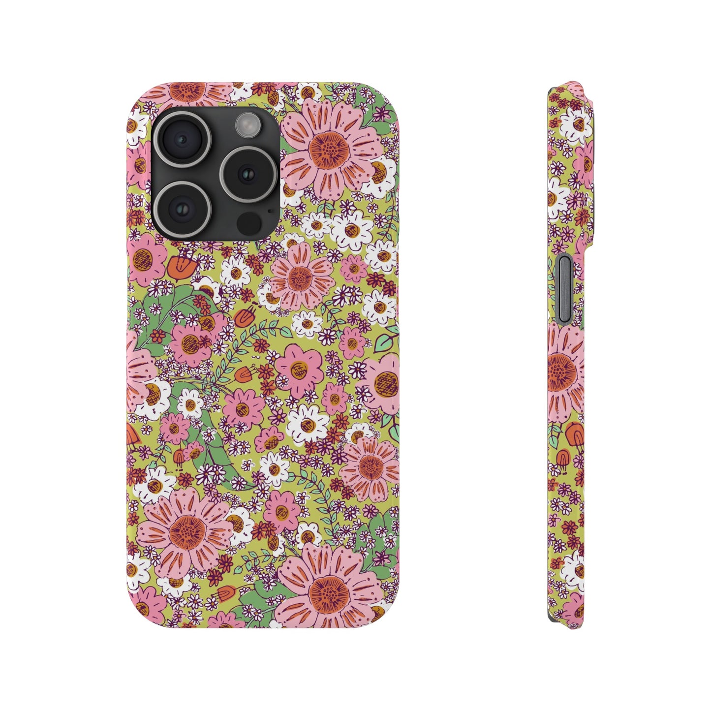 Cheerful Watercolor Flowers on Bright Green Slim Phone Cases